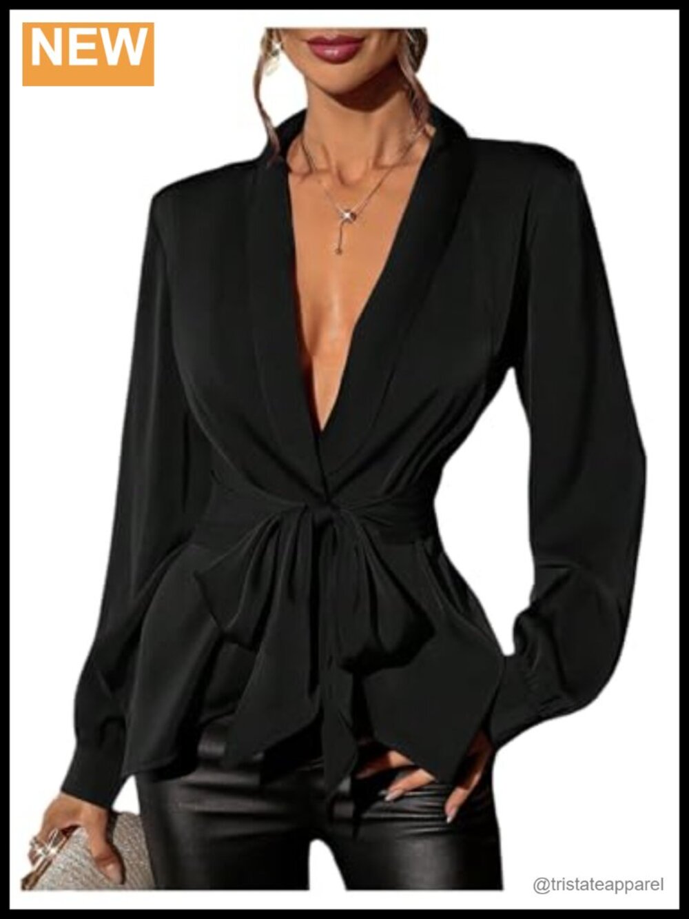 Satin Dressy Blouse Long Sleeve Tie Front Business Casual Top